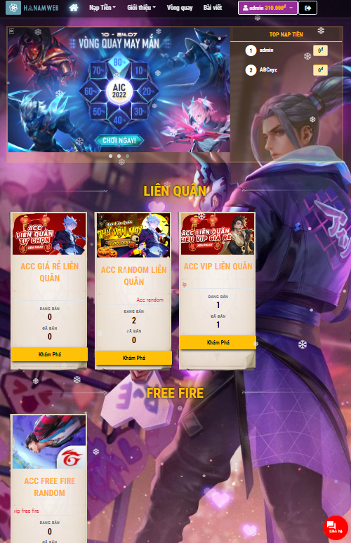 Shop bán  tài khoản, dịch vụ game, nạp tiền tự động